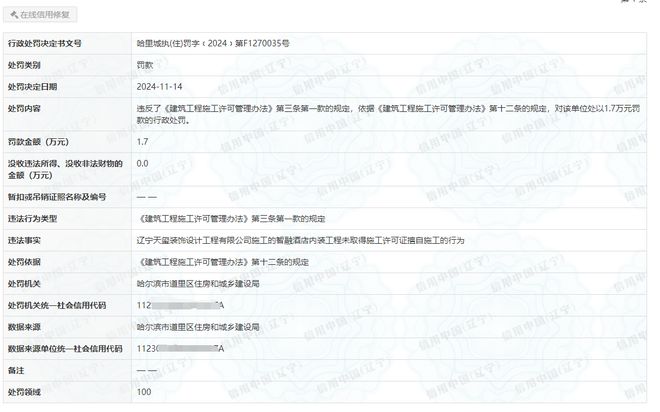 辽宁天玺装饰设计工程有限公司违反施工许可管理被处罚17000元！(图2)