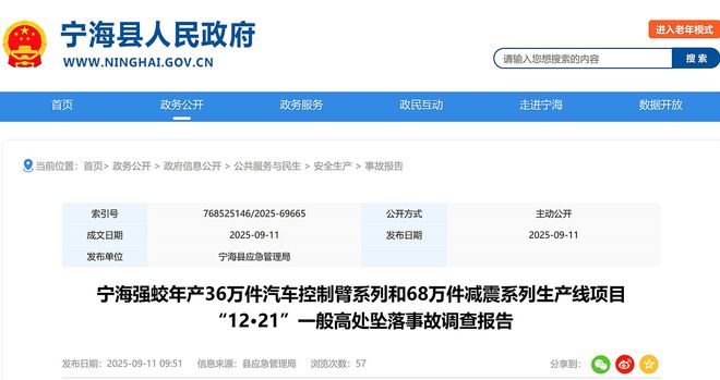 九游体育网站：宁海县年产36万件汽车控制臂和68万件减震系列生产线项目事故查明(图1)
